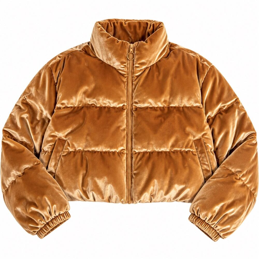 Fabletics 2X Gold Velvet Puffer Jacket Plus Size Cropped Funnel Neck